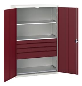 16926656.** Verso kitted cupboard with 3 shelves, 4 drawers. WxDxH: 1300x550x2000mm. RAL 7035/5010 or selected